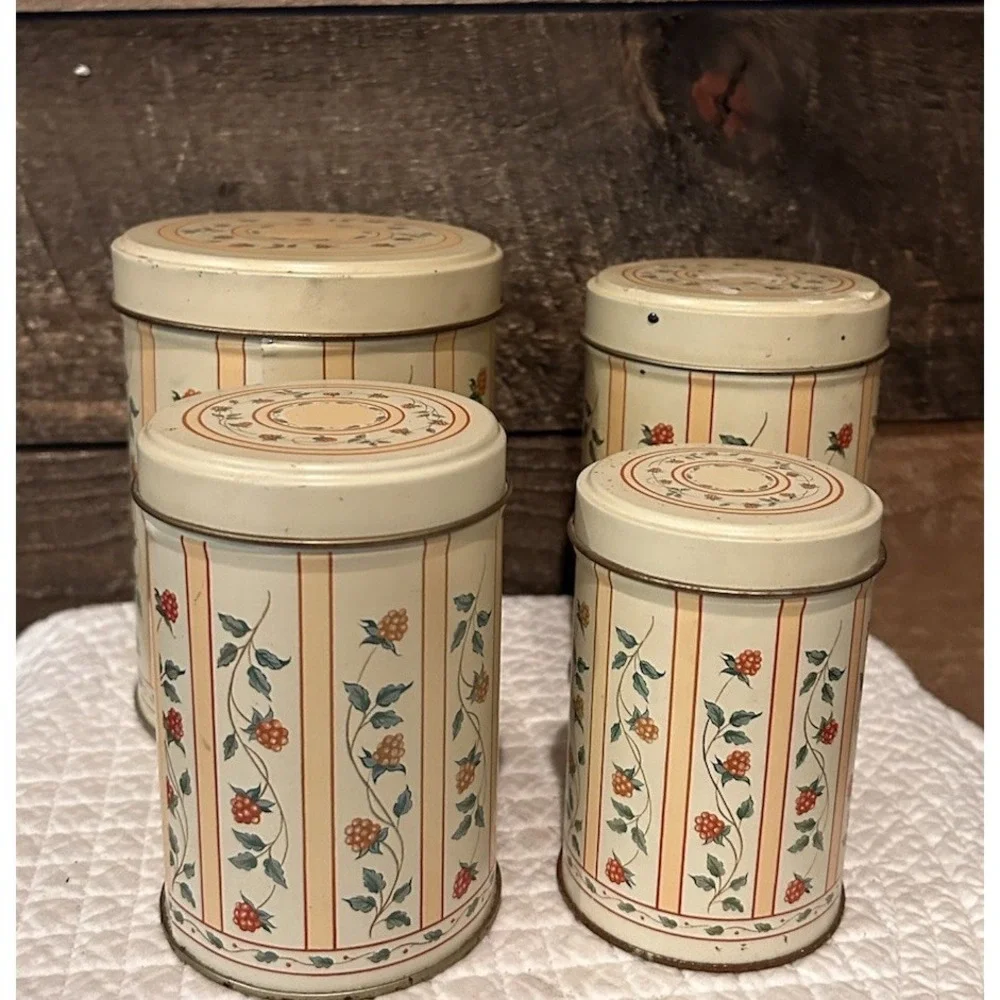 Vintage Metal‎ Tin Canister Set Of 4 Nesting Containers Some Wear Cottage Core